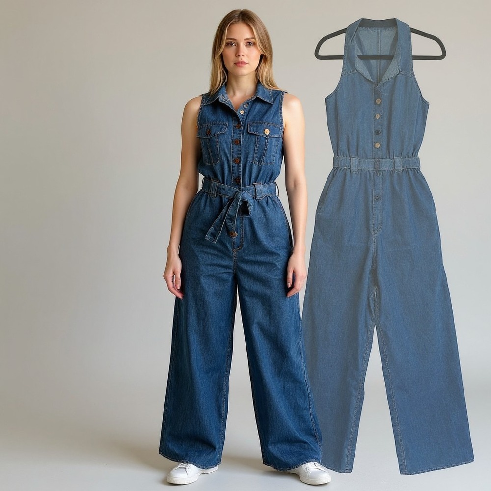 Hint of Blush Denim Jumpsuit XL Blue Sleeveless Wide Leg Utility Belted NWT